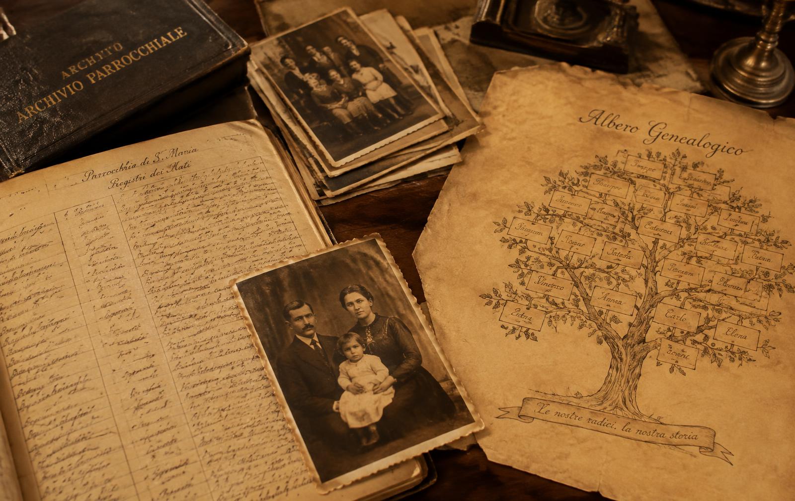 Antiche fotografie di famiglia e registri parrocchiali